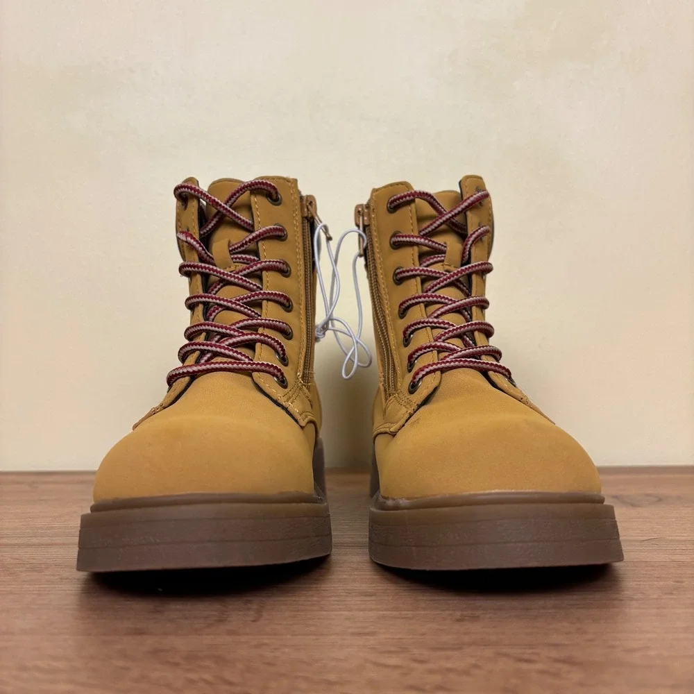 STEVE MADDEN JJumble Combat Boots Tan Kids Size 2 Side Zip Lace Up Low Heel